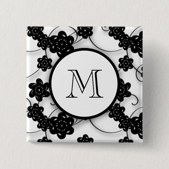 Cute Mod Black Flowers Pattern, Your Initial Pinback Button (Front)