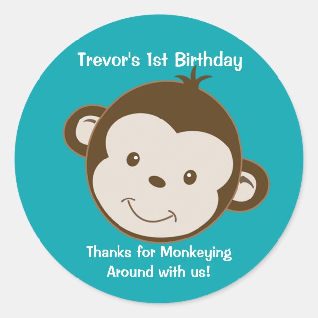 Cute Mod Monkey Custom Birthday Favor Stickers #2 (Front)