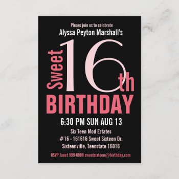 Cute Mod Pink And Black Sweet 16th Party Invitation by PartyHearty at Zazzle