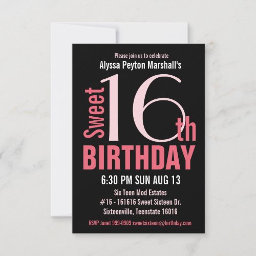 Cute Mod Pink and Black Sweet 16th Party Invitation