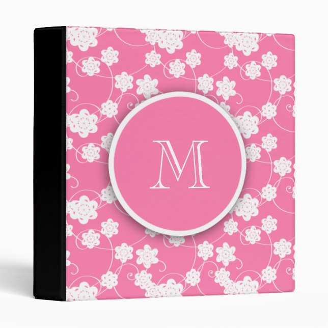 Cute Mod Pink Flowers Pattern, Your Initial 3 Ring Binder (Front/Spine)