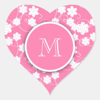 Cute Mod Pink Flowers Pattern  Your Initial Heart Sticker by GraphicsByMimi at Zazzle
