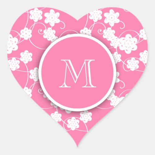 Cute Mod Pink Flowers Pattern Your Initial Heart Sticker