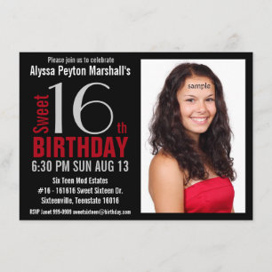 Cute Mod Red and Black Photo Sweet 16th Party Invitation