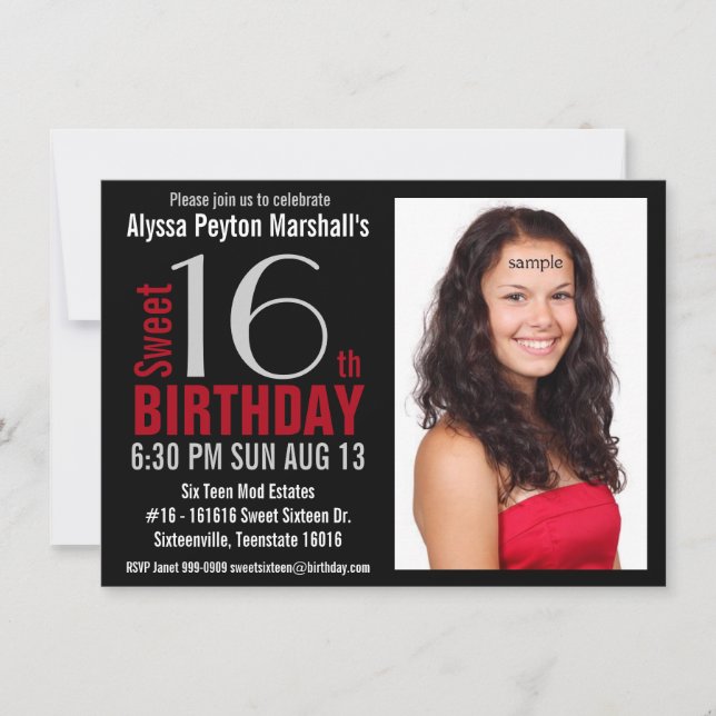 Cute Mod Red and Black Photo Sweet 16th Party Invitation (Front)