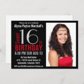 Cute Mod Red and Black Photo Sweet 16th Party Invitation (Front/Back)