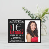 Cute Mod Red and Black Photo Sweet 16th Party Invitation (Standing Front)