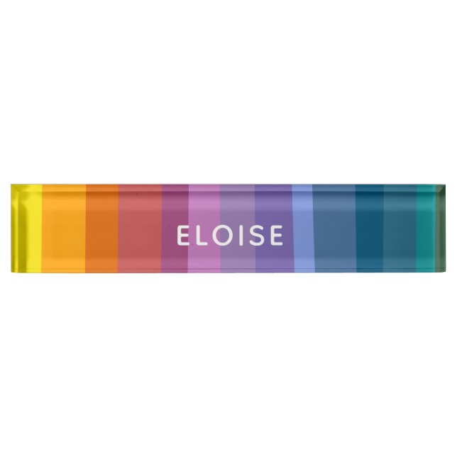 Cute Modern Abstract Vibrant Rainbow Stripes Art Desk Name Plate (Front)