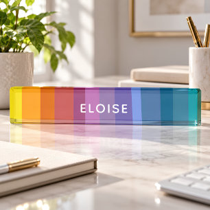 Cute Modern Abstract Vibrant Rainbow Stripes Art Desk Name Plate