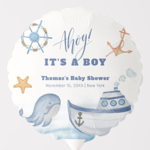 Cute Modern Ahoy Boy Whale Sailboat Baby Shower Balloon