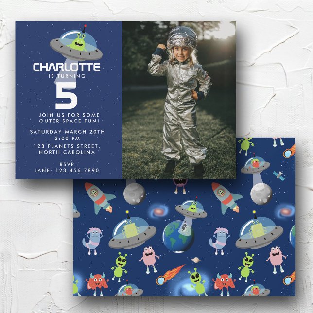 Cute Modern Alien Monster Space Birthday Photo Invitation (Cute Modern Alien Monster Space Birthday Photo Invitation)