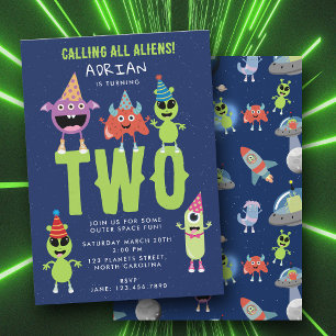 Cute Modern Alien Monster Space Kids Birthday Invitation