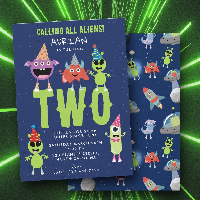 Cute Modern Alien Monster Space Kids Birthday Invitation (Cute Modern Alien Monster Space Kids Birthday Invitation)