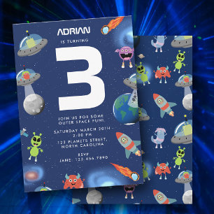 Cute Modern Alien Monster Space Kids Birthday Invitation