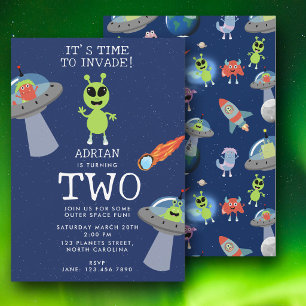 Cute Modern Alien Monster Space Kids Birthday Invitation