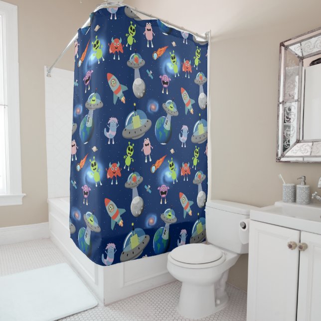 Cute Modern Alien Monsters Kids Pattern Shower Curtain (In Situ)