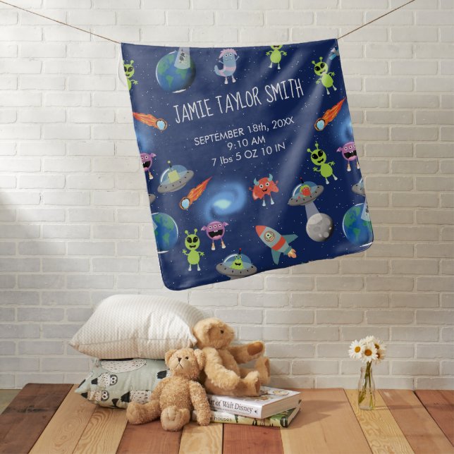 Cute Modern Alien Monsters Space Birth Stats Baby Blanket (In Situ)