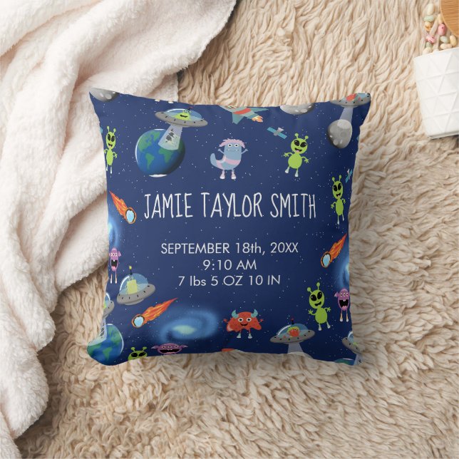 Cute Modern Alien Monsters Space Birth Stats Throw Pillow (Blanket)