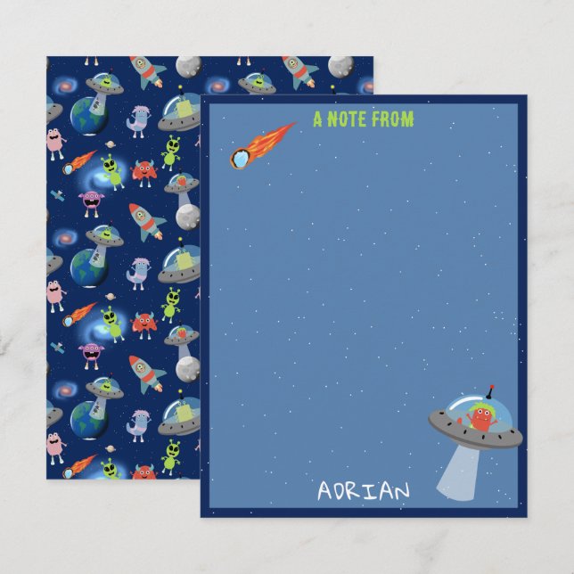 Cute Modern Alien Monsters Space Kids Custom Name Note Card (Front/Back)