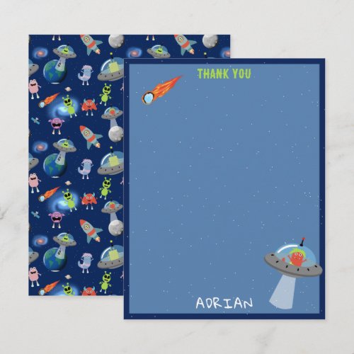 Cute Modern Alien Monsters Space Kids Custom Name Thank You Card