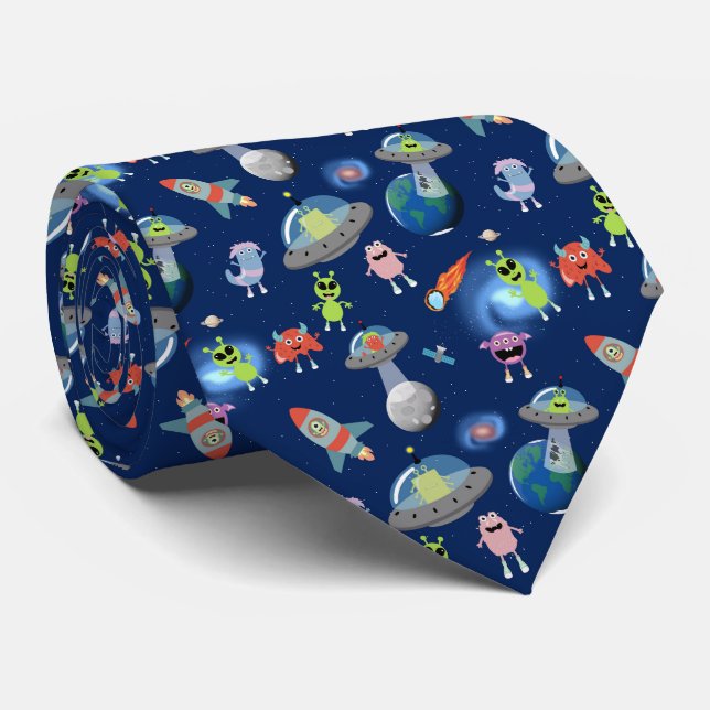 Cute Modern Alien Monsters Space Kids Pattern Neck Tie (Rolled)