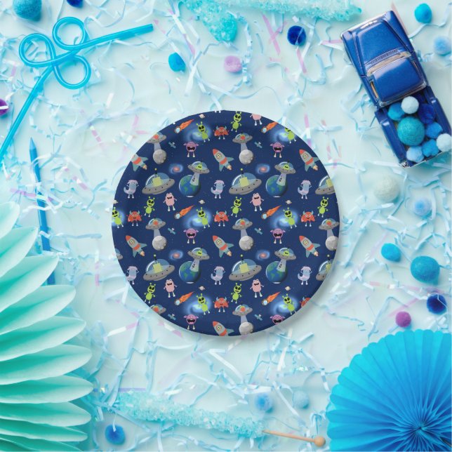 Cute Modern Alien Monsters Space Kids Pattern Paper Plates (Party)
