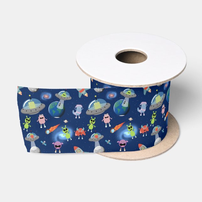 Cute Modern Alien Monsters Space Kids Pattern Satin Ribbon (Spool)