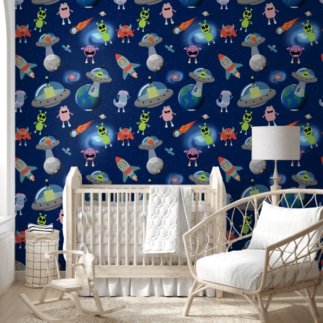 Cute Modern Alien Monsters Space Kids Pattern Wallpaper (Kids)