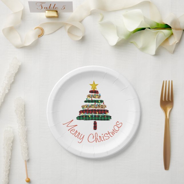 Cute Modern Animal Print Christmas Tree Holiday  Paper Plates (Wedding)