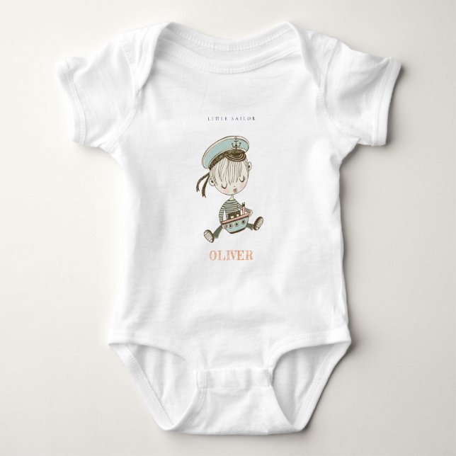 Cute Modern Aqua Blue Boys Little Sailor Nautical Baby Bodysuit (Front)