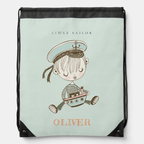 Cute Modern Aqua Blue Boys Little Sailor Nautical Drawstring Bag