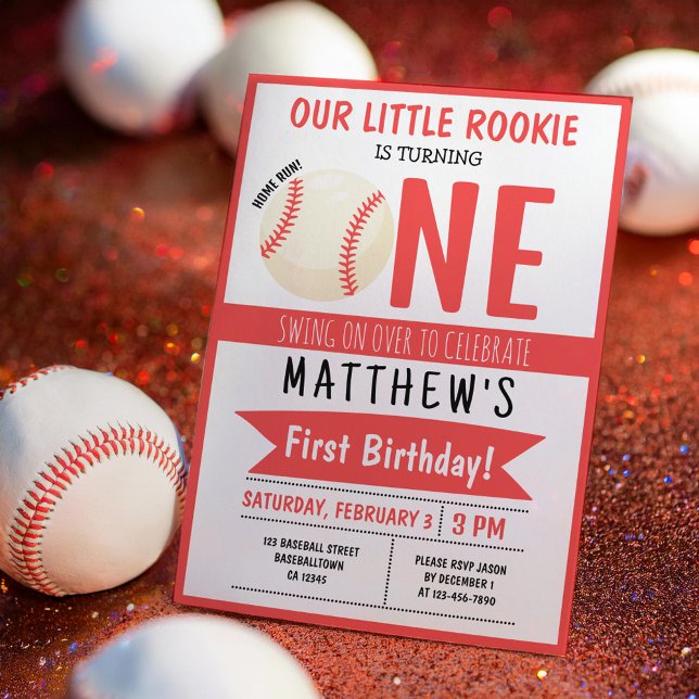 Cute Modern Baseball Ribbon Kids 1st Birthday Invitation (Creator Uploaded)