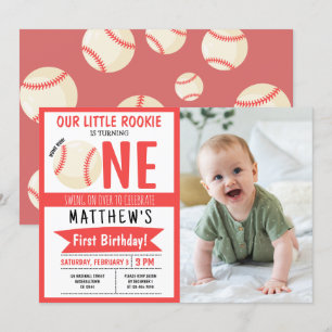 Cute Modern Baseball Ribbon Photo 1st Birthday Invitation