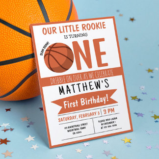 Cute Modern Basketball Ribbon Kids 1st Birthday Invitation