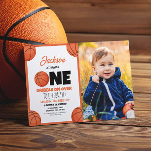 Cute Modern Basketball Sports Photo 1st Birthday Invitation