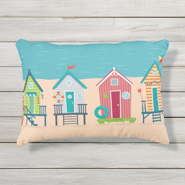 Cute Modern Beach Huts Summer Holiday Art Outdoor Pillow (Front)