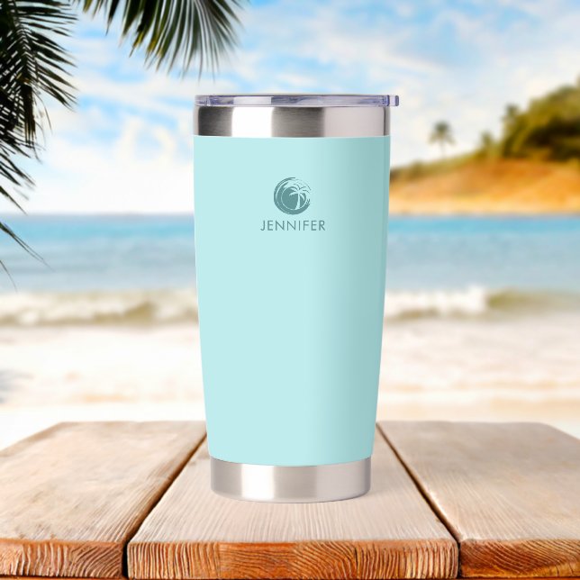 Cute Modern Beach Palm Tree Name Aqua Coffee Insulated Tumbler (Beach)