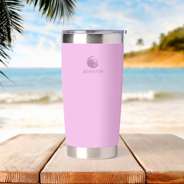 Cute Modern Beach Palm Tree Name Pink Coffee Insulated Tumbler (Beach)