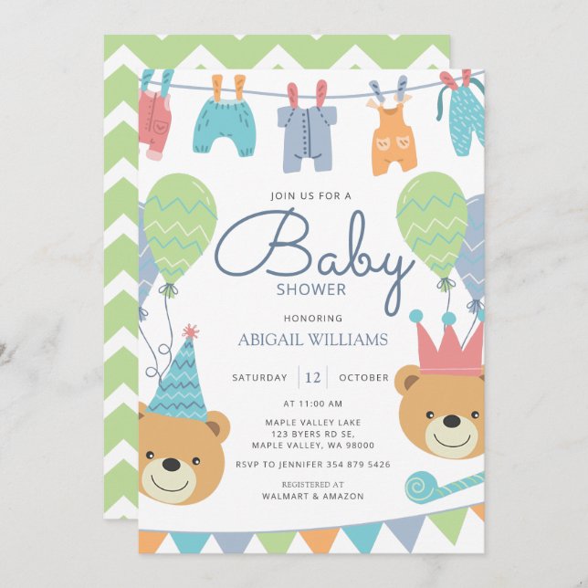 Cute Modern Bears & Balloons - Baby Shower Invitat Invitation (Front/Back)