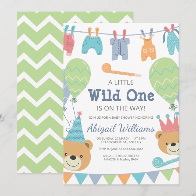 Cute Modern Bears Wild One - Baby Shower Invitation (Front/Back)