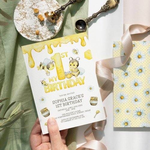 Cute Modern Bee 1st Birthday Invitation