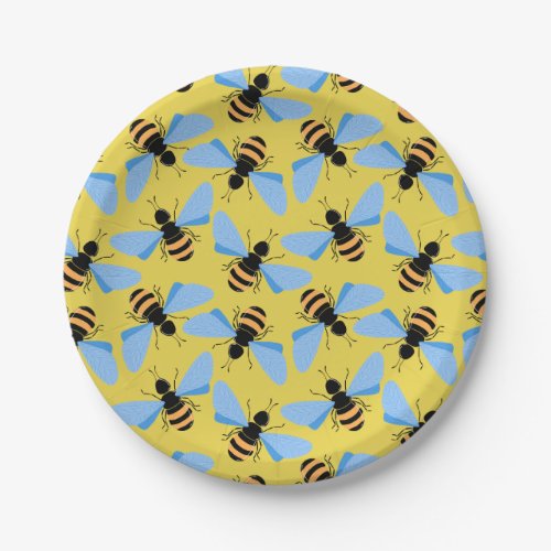 Cute modern bees illustration pattern on yellow paper plates