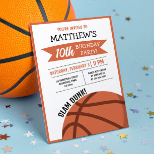 Cute Modern Big Basketball Ribbon Kids Birthday Invitation