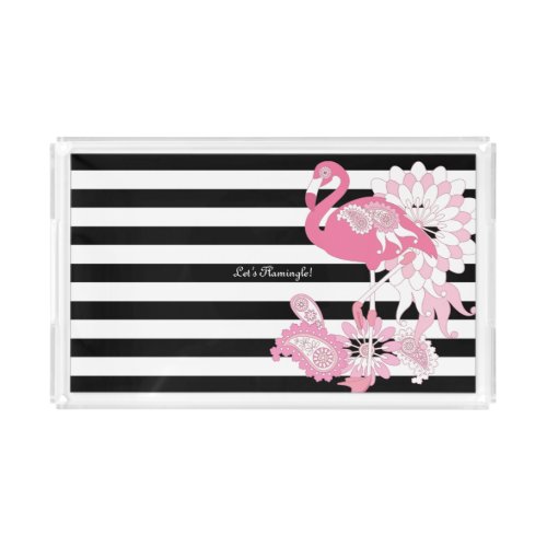 Cute Modern Black and White Stripe Pink Flamingo Acrylic Tray