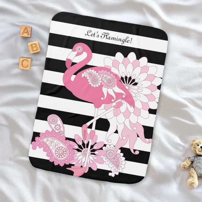 Cute Modern Black and White Stripe Pink Flamingo Baby Blanket (Creator Uploaded)