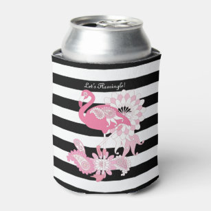 Cute Modern Black and White Stripe Pink Flamingo Can Cooler