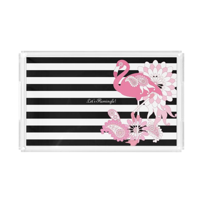 Cute Modern Black and White Stripes Pink Flamingo