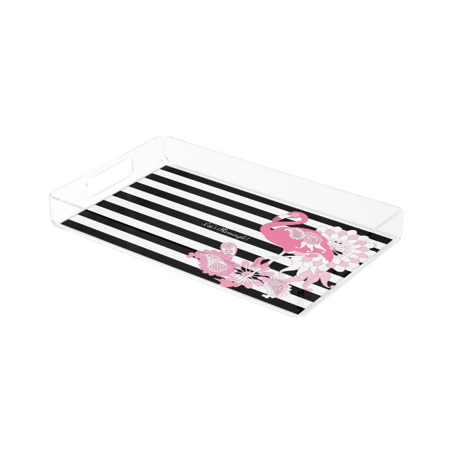 Cute Modern Black and White Stripes Pink Flamingo