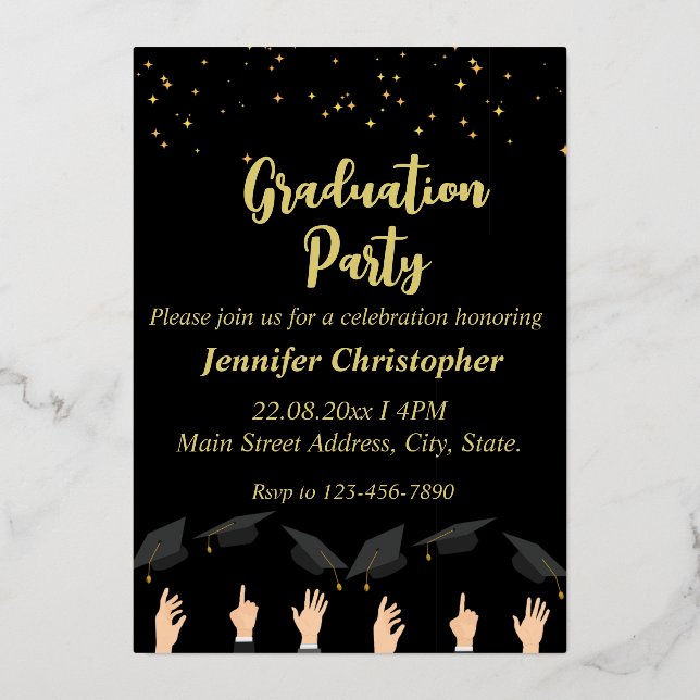  Cute Modern Black&Gold Sparkles Graduation Party Foil Invitation (Front)