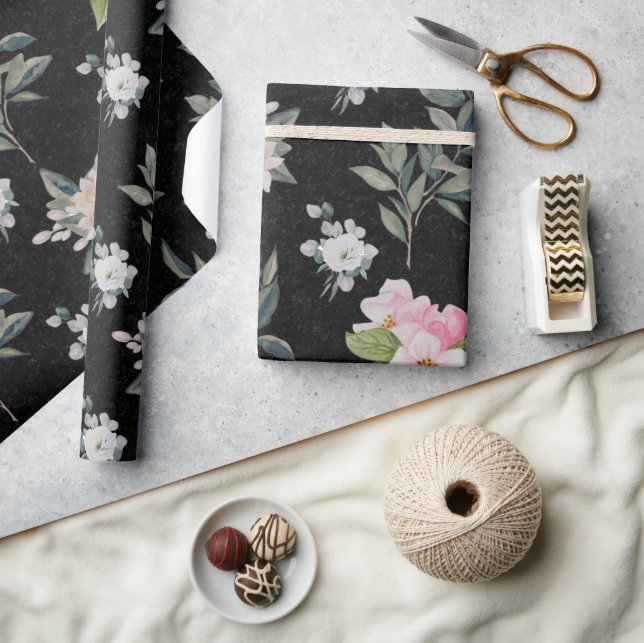 Cute Modern Black Watercolor Floral Pattern Wrapping Paper (Crafts)